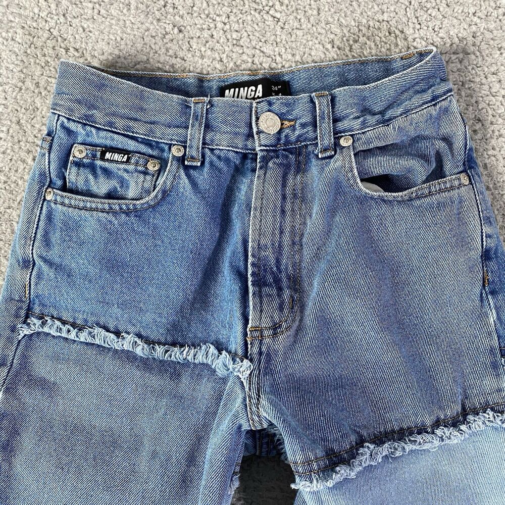 Minga London Patchwork Jeans Womens 24 (25x30) Blue Straight Y2K Made Portugal - Picture 2 of 10